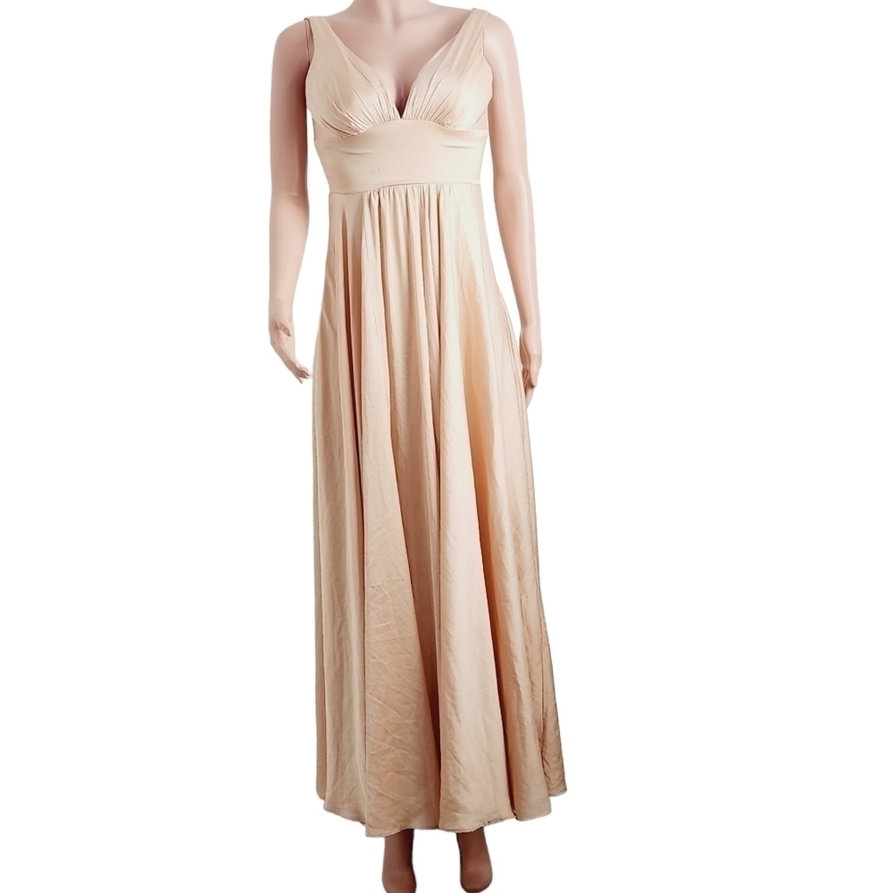 Cinderella Divine Satin Flowy A-line Dress With Leg Slit, Open Back V-Neck Sz: 4